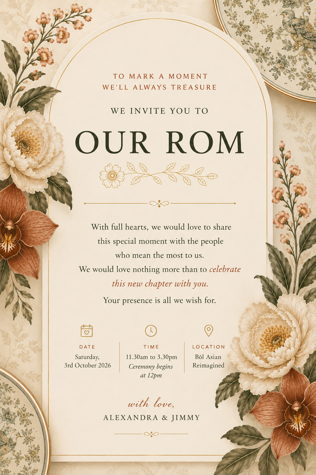 Invitation to the ROM of Alexandra and Jimmy, Saturday 3rd October 2026